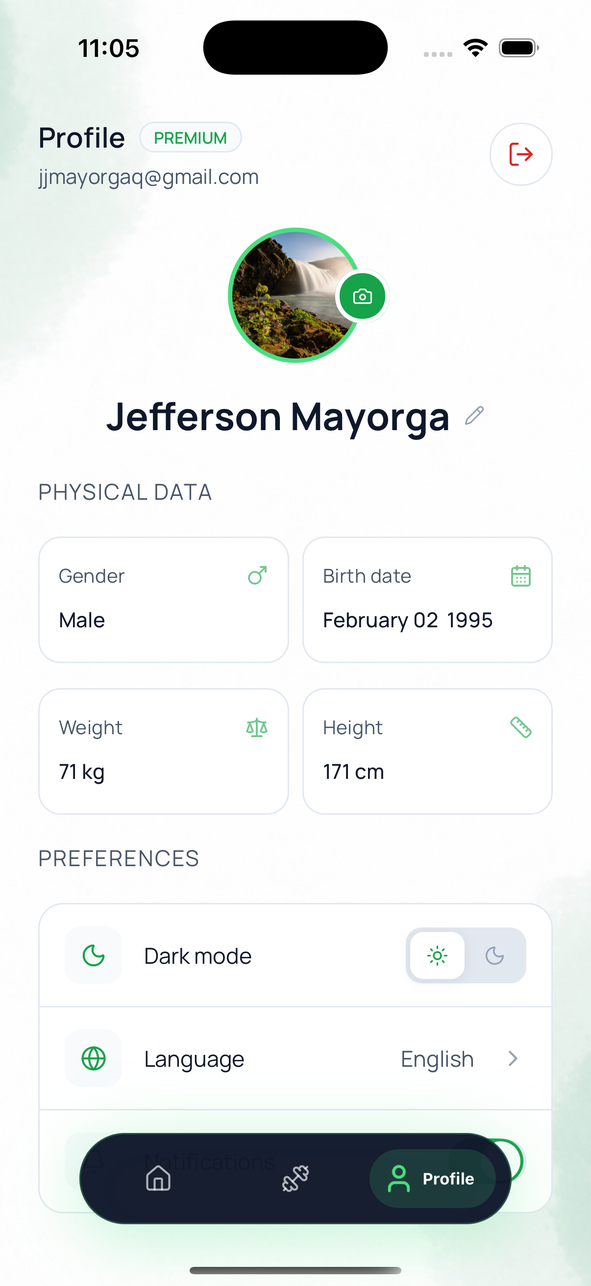 Pantalla de perfil y preferencias en Atlemov